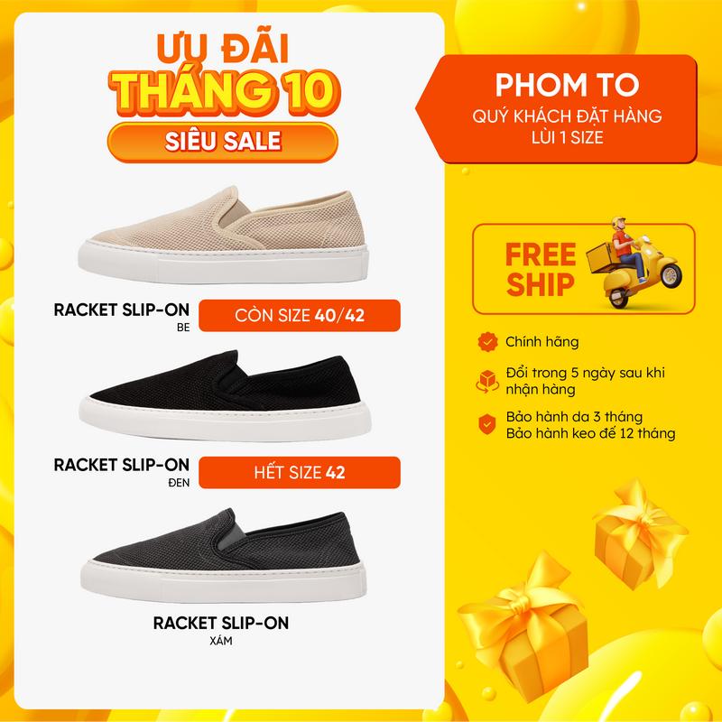 Bentoni Giày Lười Nam Racket SlipOn Chất Liệu Vải Dệt Thoáng Khí, Form Rộng Hơn 1 Size, Đế Cao Su Êm Ái Chống Trơn, Bền Đẹp, Màu Đen, Xám, Be