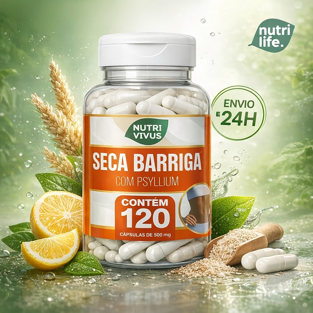 Nutri Life Seca com Psyllium 120 Cápsulas 500mg para Saúde Intestinal e Saciedade Fibra Solúvel Natural
