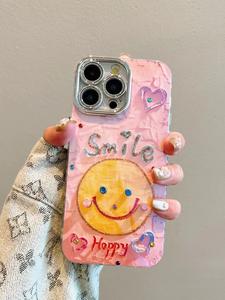 Oil Painting Emoji Casing For iPhone 15 14 13 12 11 Pro Max Plus Case Anti-Scratch Back Cover Women Fashion Aesthetic Smiley Face Phone Case With Camera Lens Protection