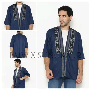 Baiti Muslim Wear - Kimono Tenun Lengan 3/4 Navy Outer Unisex Kombinasi Tenun Fashion Muslim Pria Dewasa Terbaru 2026 Kimono Tenun Terkini Bahan KATUN TOYOBO Kimono Ikat Premium Cardigan Muslim