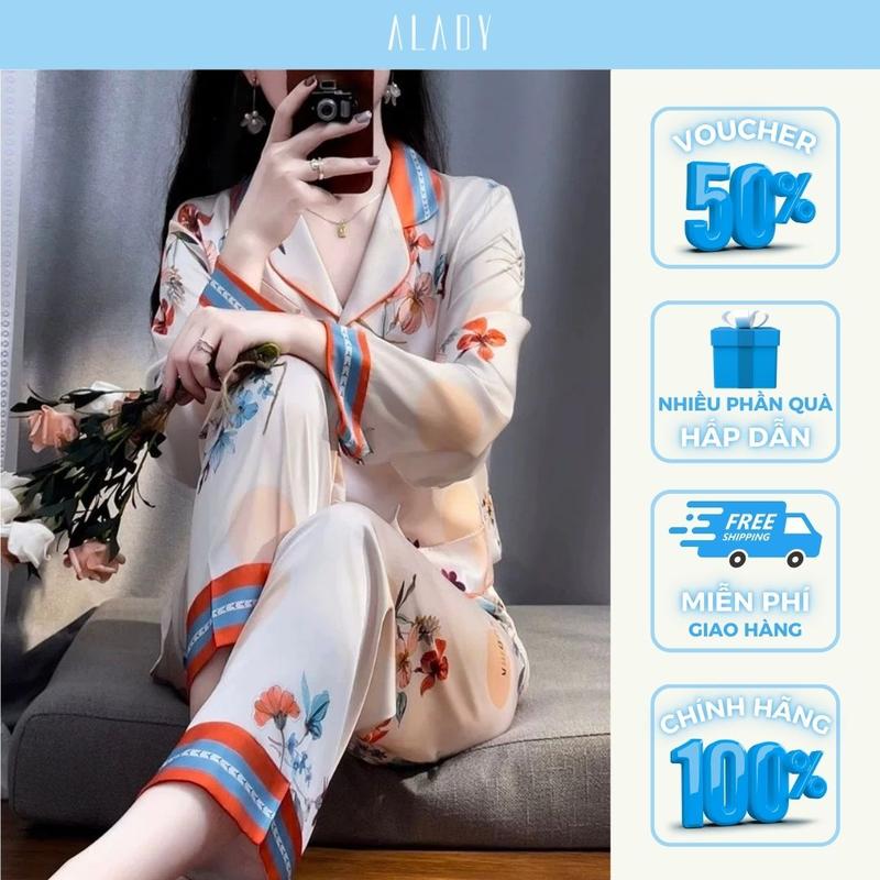 ALADY TD011 - Đồ bộ nữ Pijama Trắng cổ viền đỏ dài tay họa tiết đóa hoa nở đỏ rực cùng mặt trời sớm mai Quần Ngủ Áo Ngủ Tay Dài