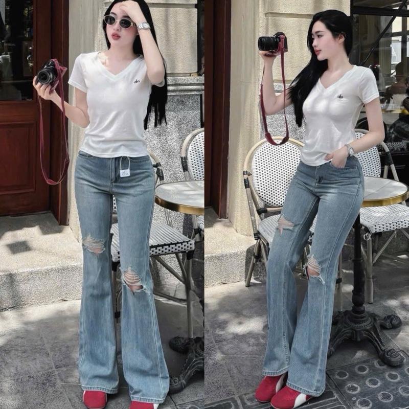  Quần jeans nữ ống loe phối rách gối  Lưu ý: KHÔNG CO GIÃN FORM TO   Quần ống loe dành cho nữ tôn dáng Hàng QCL1 #8895 Lynk Nhi 