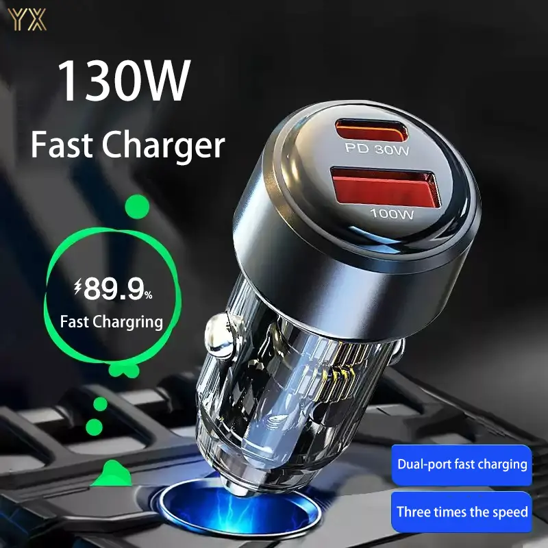 Bộ sạc ô tô mini, YX, 130W, sạc nhanh, dành cho iPhone và QC3.0, USB Type C PD Mini, Tương thích với Xiaomi, Samsung và Huawei, Bán Chạy