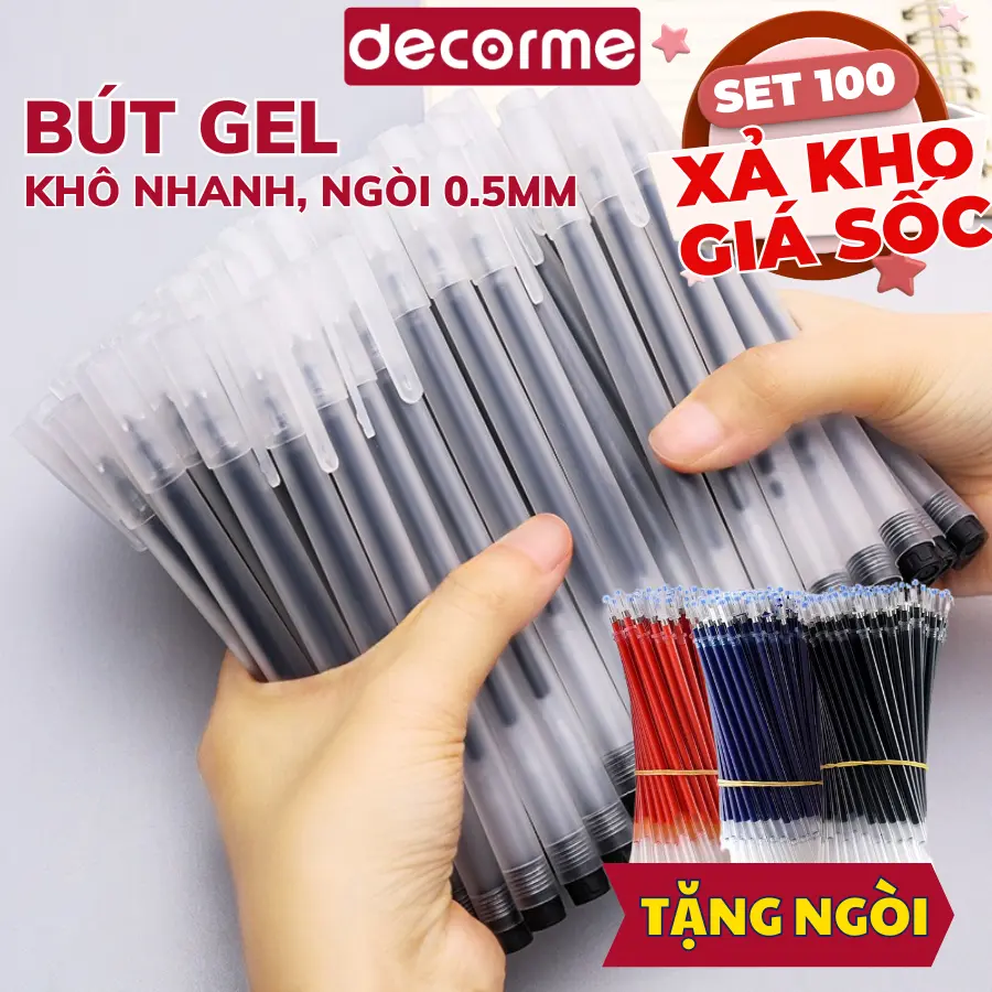[Xả kho giá sốc] 100 Bút gel DecorMe viết gel bút nước đen xanh đỏ mực khô nhanh ngòi 0,5mm bút gel đen mực trơn mượt