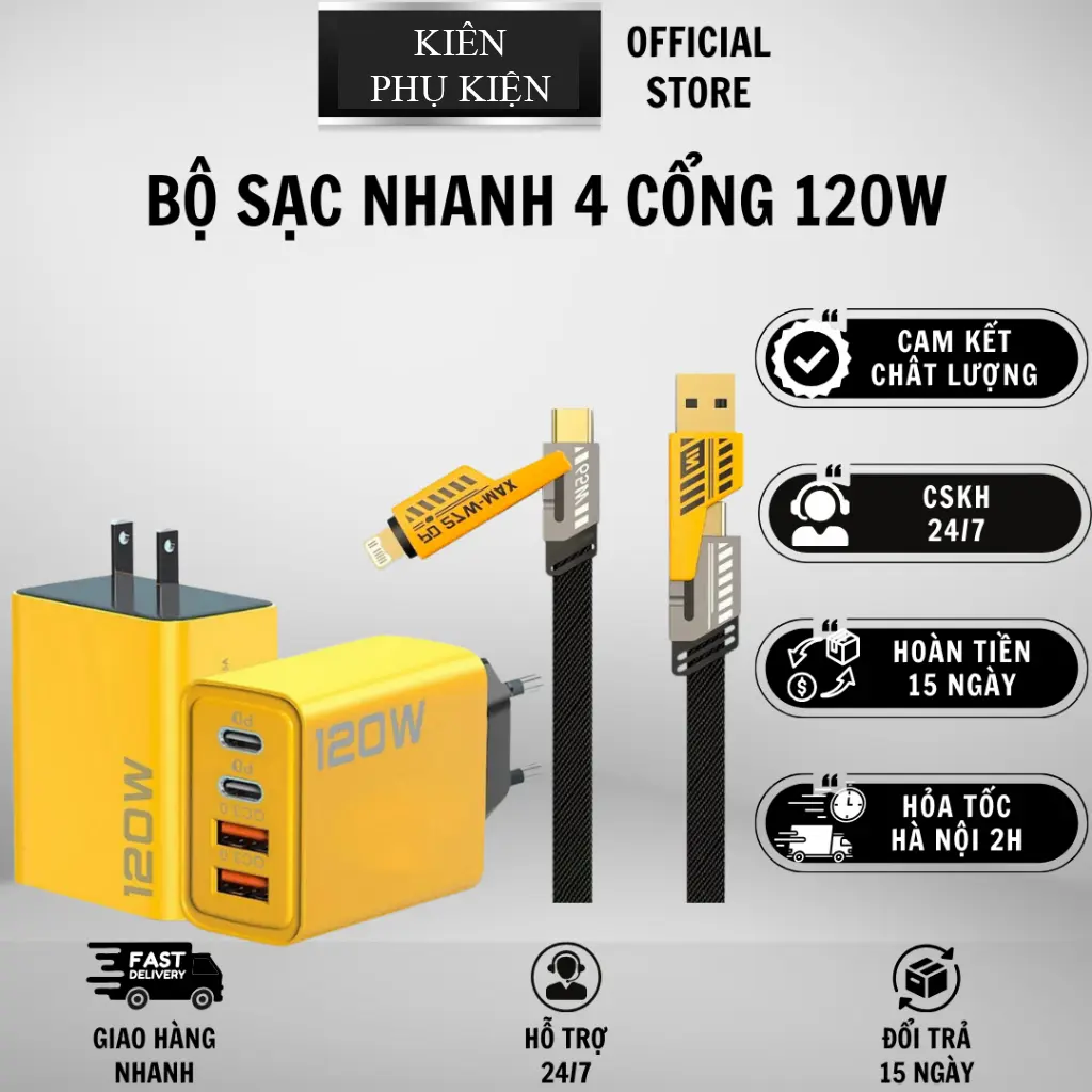Combo Củ Sạc Nhanh 120w + Cáp Sạc 4 in 1. Công nghệ sạc GAN' Sạc Siêu Nhanh, Không Chai Pin, Không Nóng Máy