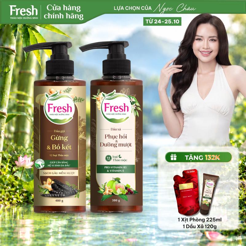 Combo Dầu Gội 480g và Dầu Xả 380g FRESH Thảo Mộc Dưỡng Sinh Sạch Gàu, Dưỡng Tóc Mềm Mượt