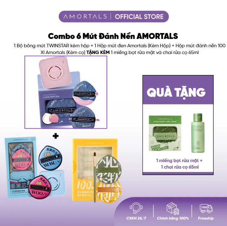 Combo 1 Bộ bông mút TWINSTAR kèm hộp + 1 Hộp mút đen Amortals Kèm Hộp + Hộp mút đánh nền 100 Xl Amortals Kèm cọ TẶNG 1 miếng bọt rửa mặt Amortal + 1 chai Nước rửa cọ 65ml