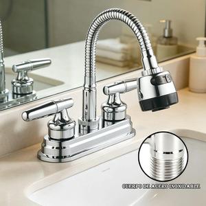 Grifo para Lavabo de Baño, Llaves para Lavabo Baño, Mezcladora para Lavabo de Baño, Doble Comando, Cuello de Acero Inoxidable, Cuerpo de Acero Inoxidable, Color Plateado, Acabado Cromado