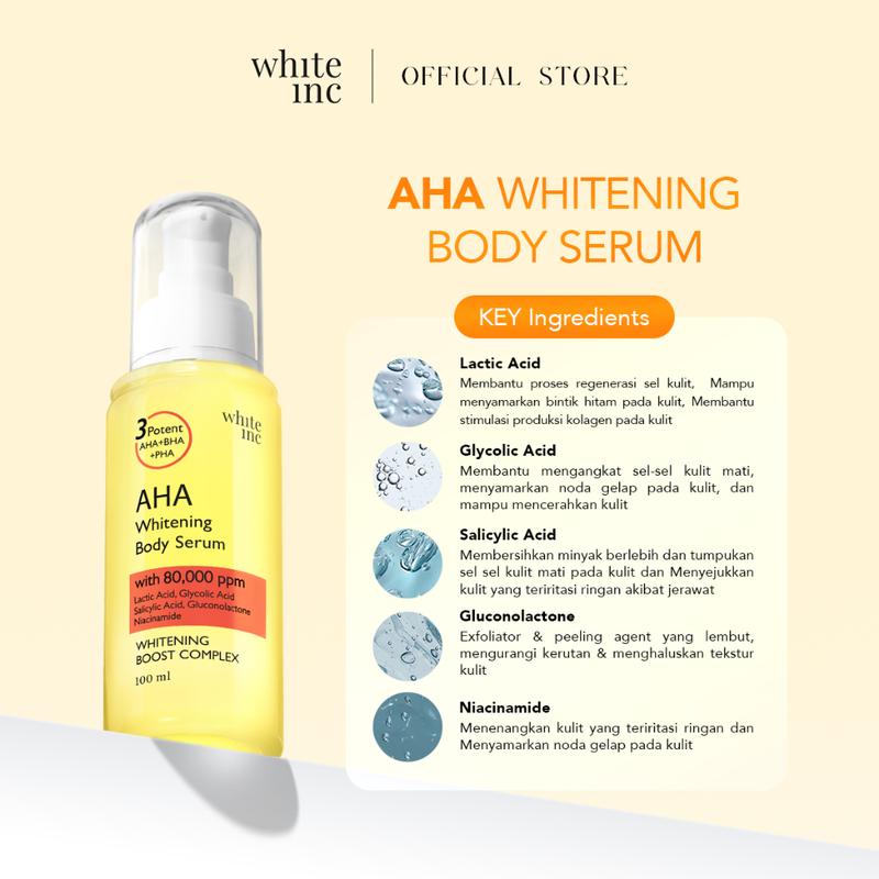 Whiteinc AHA Body Serum Mencerahkan melembabkan Kulit kusam dan Kering lotion pemutih peeling hb aha Pencerah Tubuh Melembutkan handbody tone Hitam dan Mengencangkan whitening 3