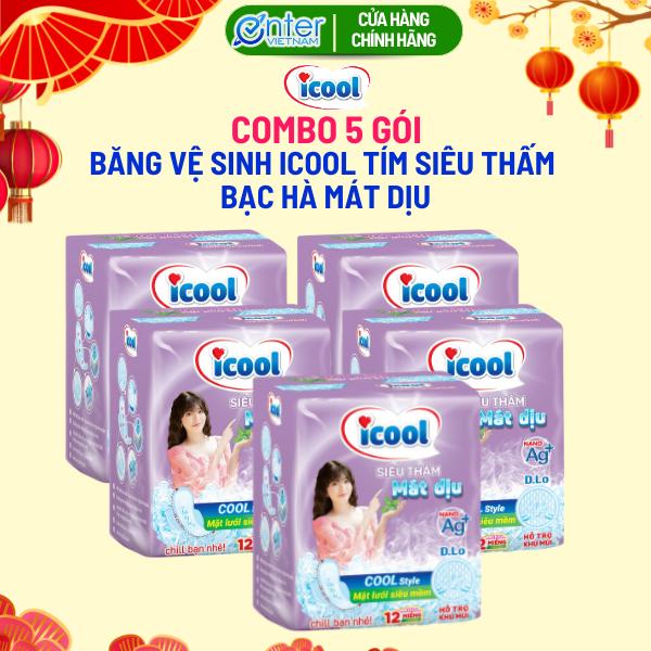   Combo 5 Gói  Băng vệ sinh ICOOL Siêu Thấm Tím Mới 12 miếng BVS Ban Ngày Có Cánh MẶT LƯỚI Mềm Siêu Thấm dài 24cm Bạc Hà Mát Dịu Tampon 