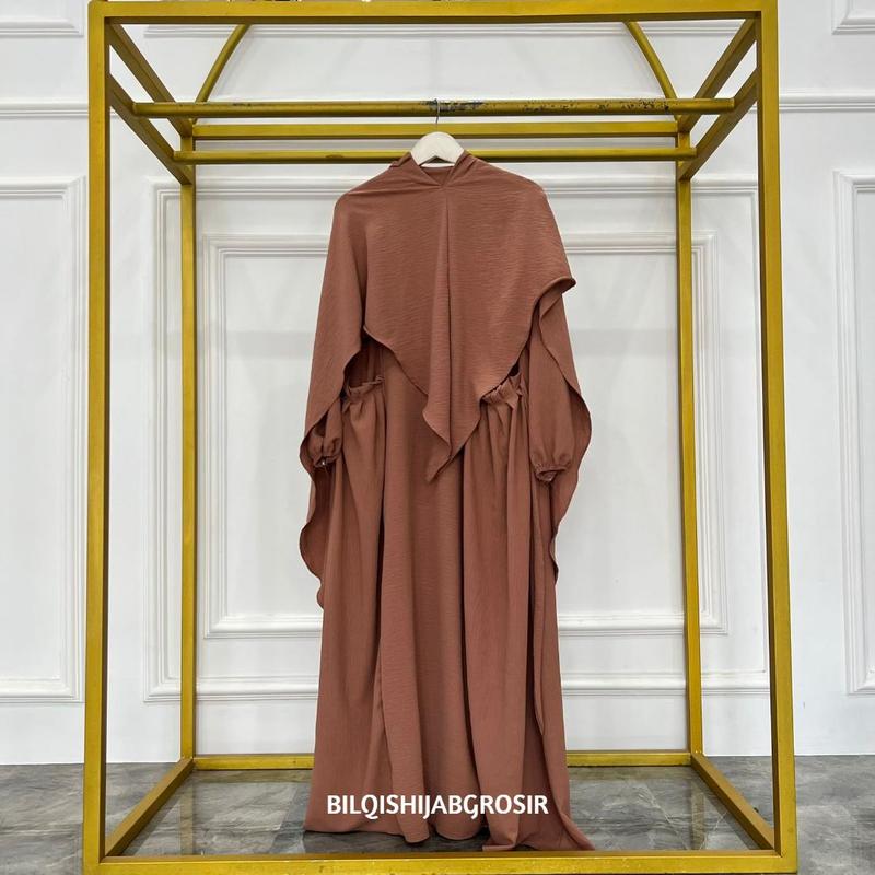 Gamis Zahra Set Bergo Syar'i Dress Wanita Muslim Bahan Crinkle Airflow Panjang Balon Dewasa Lebaran Elegant Brown  Syari Mewah 4