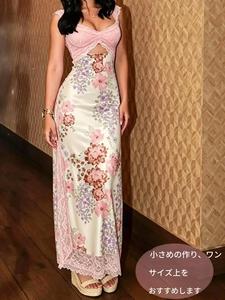 レディース小花柄プリント レースインサート入りワンピース、夏用衣類、ボヘミアン無袖ロングワンピース（ビーチ・ホリデー向け）、レディース夏服