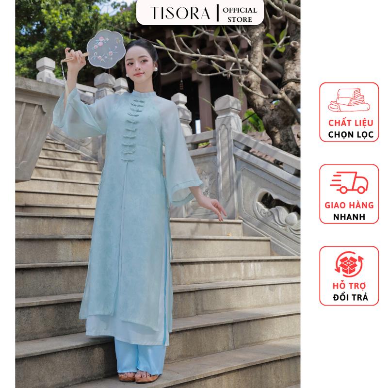   Có big size  Sét Áo Dài Nguyệt Sương Dáng Suông Xẻ Tà Đính Nơ + Quần Lụa Chất Liệu Tơ Thêu Phong Cách Mặc Tết Đi Lễ 