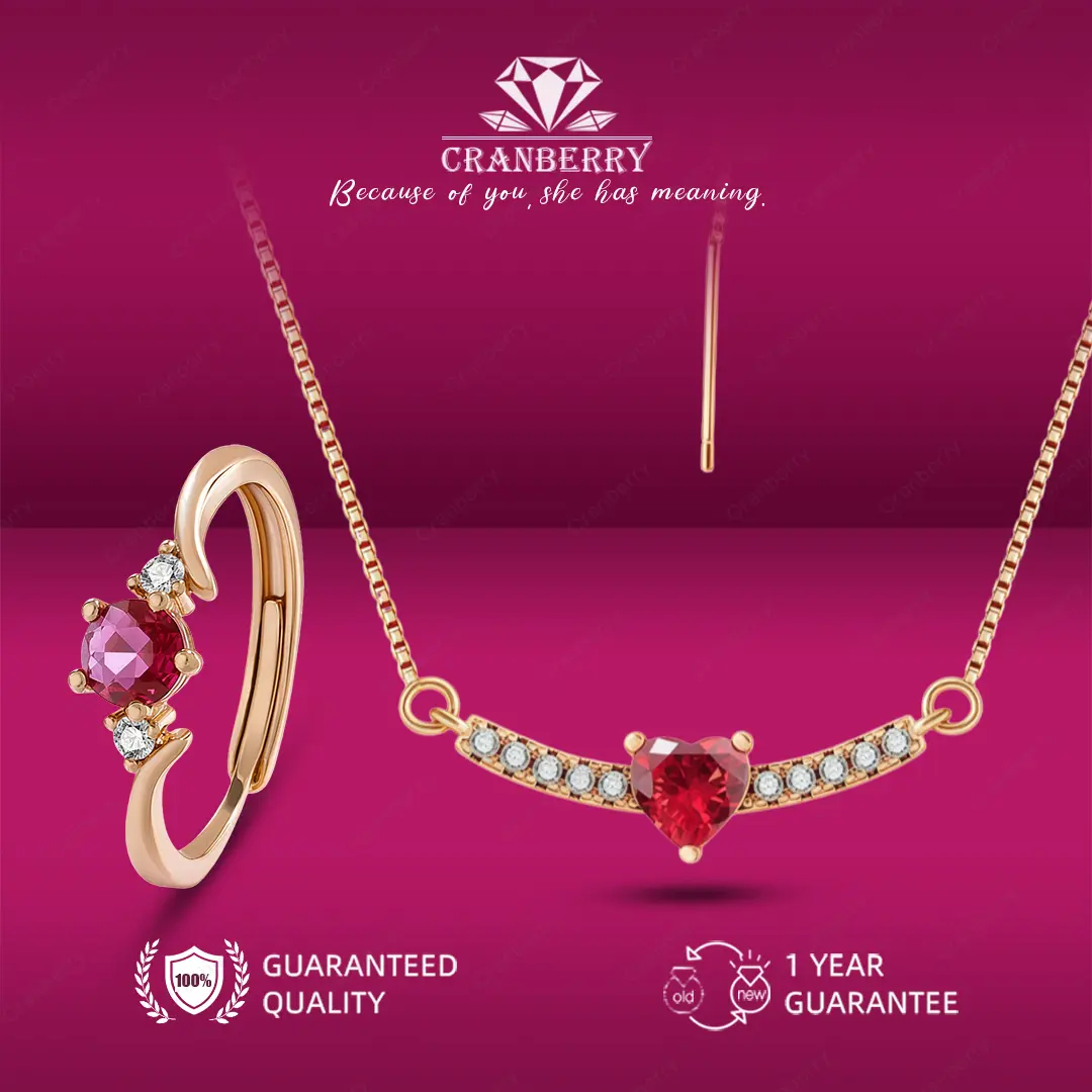 OS1-S413 Set Kalung dan Cincin Wanita Cranberry Jewelry Red Ruby Premium Lapis Emas 18k Anti Luntur Anti Berubah Warna Garansi 1 Tahun Resmi Size Adjustable Kualitas Grade Terbaru Aksesoris Perhiasan Cincin Nikah Permata VVS1 Elegan COD