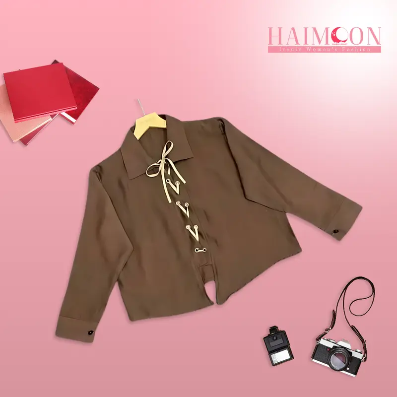 Atasan Wanita Blouse Tali Pita Turkish Linen Korean Style Warna Hitam,biru,moca Baju Kancing Katun Panjang 4