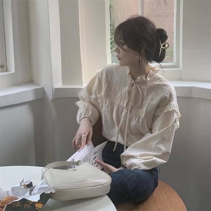 Áo sơ mi kiểu nữ dáng babydoll viền ren cánh tiên thắt nơ dài tay ulzzang 2 màu
