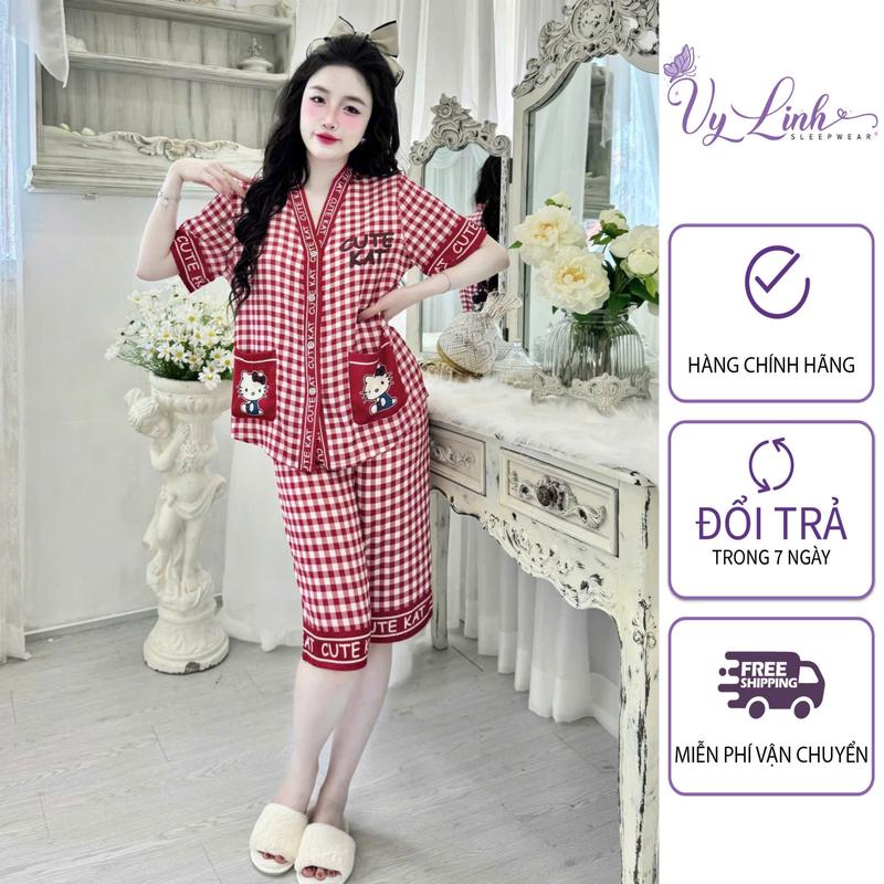 Vy Linh SLEEPWEAR Bộ Đồ Ngủ Quần Lửng Cổ Y Dành Cho Nữ Hoạ Tiết Sọc Caro Chất Liệu Vải Lụa Latin Cao Cấp S1235 Thoáng Mát Mềm Mịn