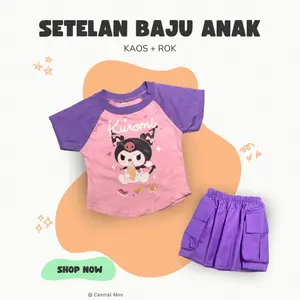 Setelan Baju Anak Lucu Motif Kartun Kuromi Kaos dan Rok Fashion