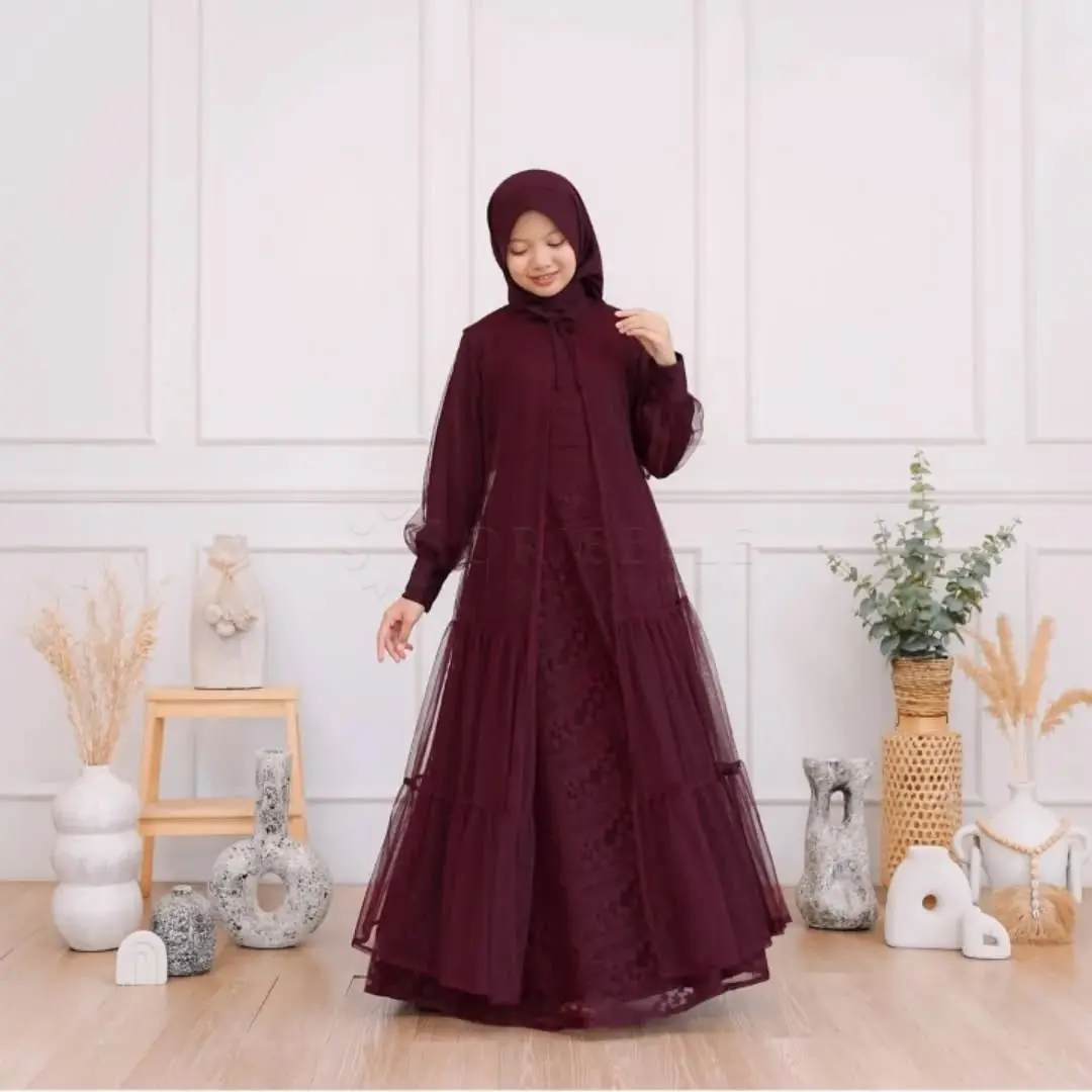 Gamis Burgundy Anak Perempuan 8 9 10 11 12 13 14 Tahun Ellea Dress Kids Outher Terpisah Bahan velvet mix brukat + outer tille Abaya Remaja Aesthetic Hitam Turkey Baju Muslim Anak Kekinian Lebaran 2025 Premium Terbaru