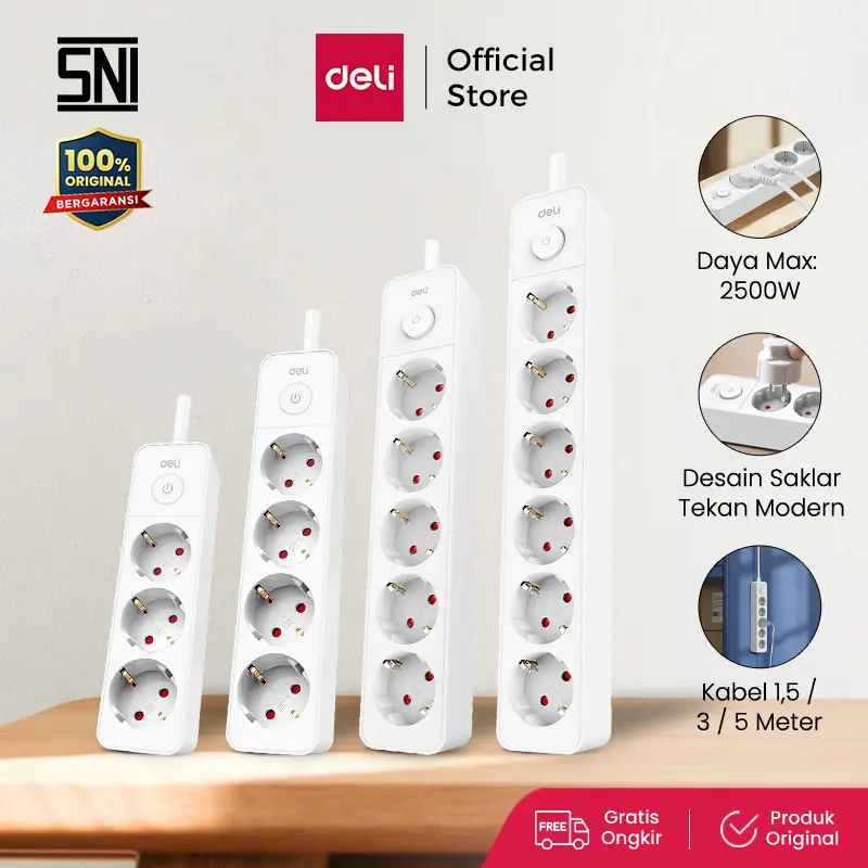 Deli Stop Kontak 3/4/5/6 Lubang Kabel 1,5/3/5 Meter Saklar Switch ET75X Tahan Panas Child Safe Bergaransi