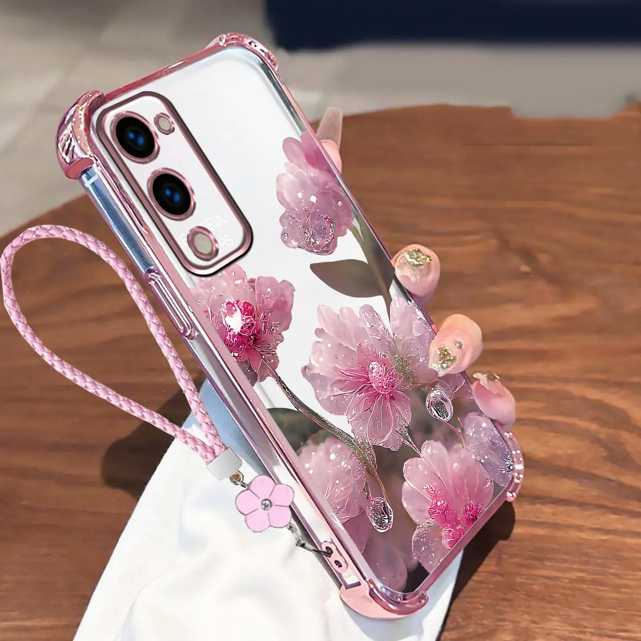 Casing For Vivo Y04 Y29S 5G Vivo Y19E Idnia Phone Cases Luxury Soft Silicone Four Corner Anti Fall Shockproof Phone With Lanyard Pink flowers Cover