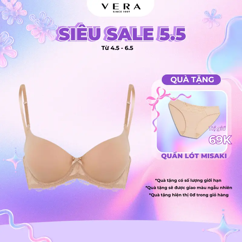 Áo ngực Nữ Misaki mút dày cúp trơn phối dây lưng ren Voan - 0113 Bra
