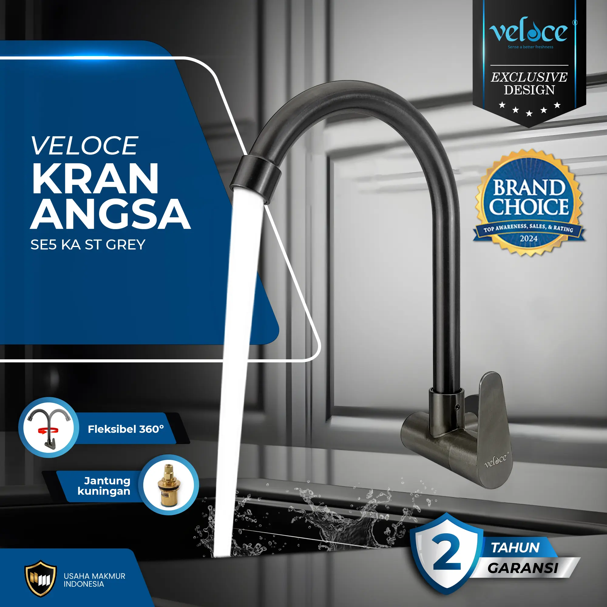 Veloce Kran Angsa Stainless Grey Fleksibel Pipa Stainless Drat 1/2 Jantung kuningan Tahan Lama Garansi 2 Tahun