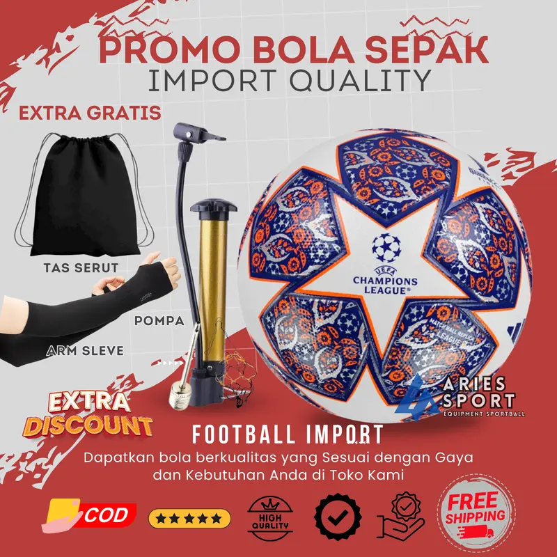 BOLA SEPAK ORIGINAL 100% (BONUS POMPA JARING DAN PENTIL 1