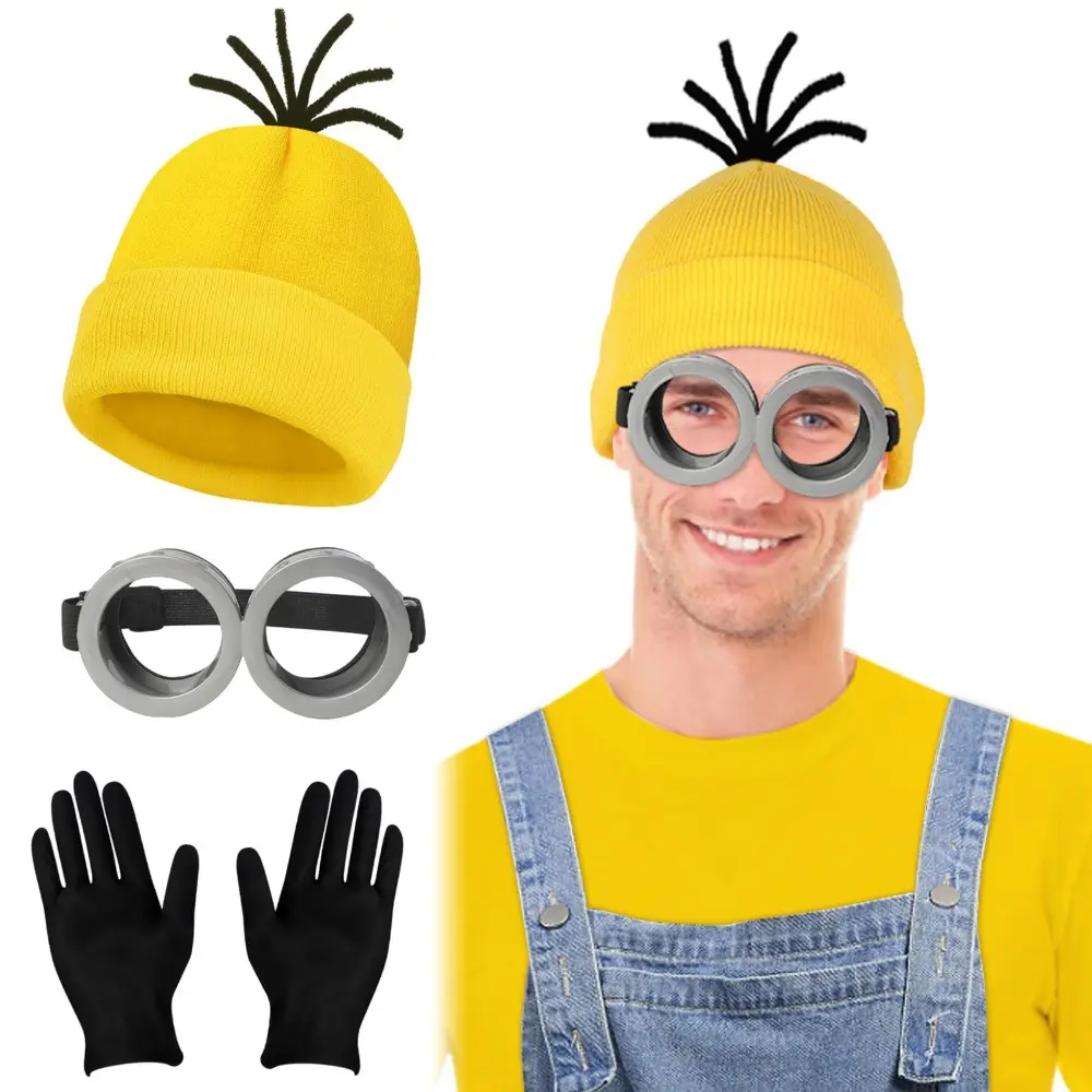 3pcs Decorated Christmas costume accessories Minion Cosplay party set Steampunk goggles Glasses hat Women Men Black gloves adult Halloween Menswear