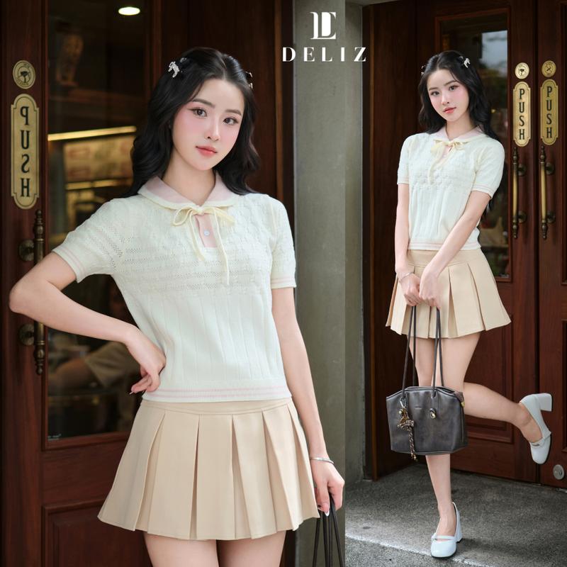 CFV - [Độc quyền Mèo Trái Đất x Deliz] Áo len nữ thiết kế cổ sen thắt nơ kiểu dáng cộc tay chất liệu cao cấp DELIZ - PL29