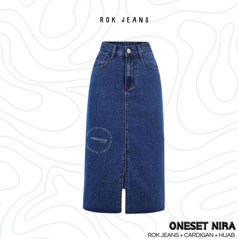 Nira Outfit Set Wanita Hijab ( Bawahan Rok Jeans + Atasan Outer Cardigan + Inner Korean + Bella Square / pashmina ceruty ) Ootd Simple Hijab Kekinian - Oneset Kece Setelan Keren Muslim Panjang one Cantik remaja Oversize Casual Nyaman Santai cewek 5