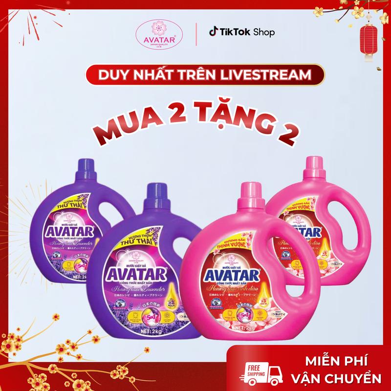   MUA 2 TẶNG 2  Nước Giặt Xả Avatar Hương Lavender & Hoa Anh Đào 2kg - Làm Sạch Sâu Hiệu Quả Lưu Hương 72h Dịu Nhẹ An Toàn Cho Da Bền Màu 5 trong 1: Khử Mùi Sạch Sâu Mềm Mịn Vải 