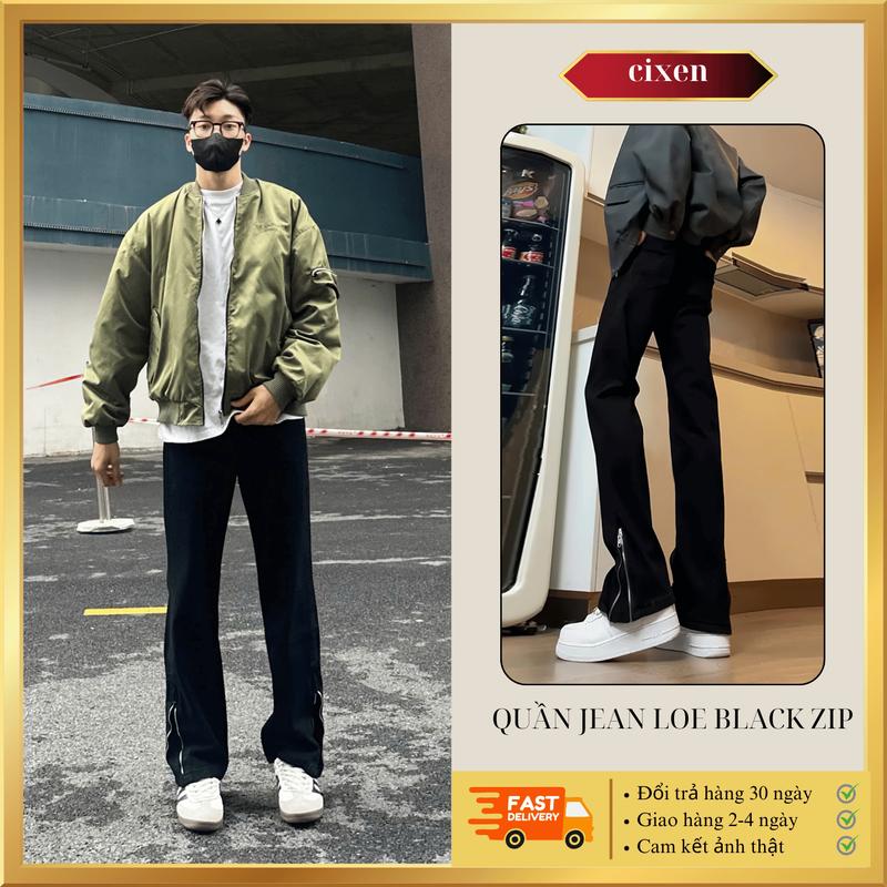 Quần jean ống loe Black zip CIXEN cạp cao Basic, Che khuyết điểm,quần jean ống suông form loe nhẹ khóa zip điều chỉnh LOE Ver2