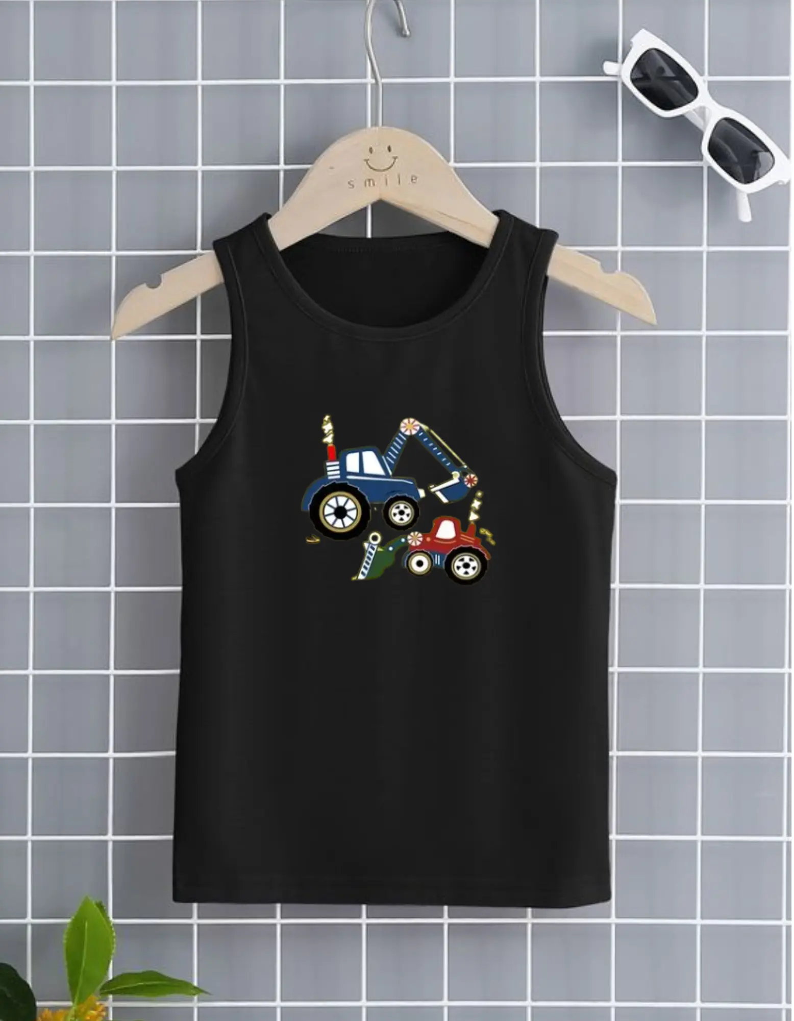 Singlet Anak Usia 2-12Th Excavator Pakaian Anak Unisex Baju Tanpa Lengan Perempuan Laki Laki Hitam Putih COD