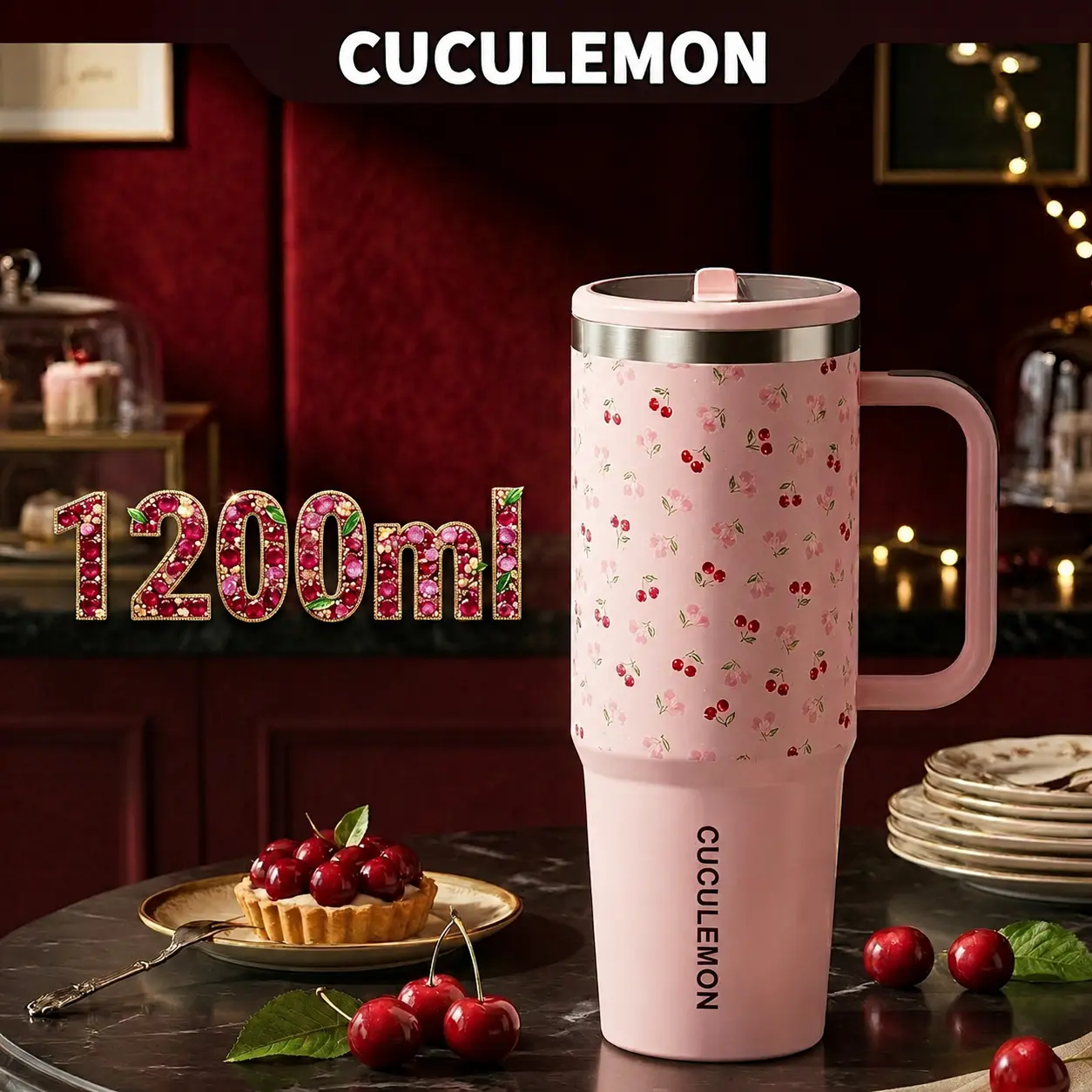 Cuculemon Tumbler Stainless Steel 1200ml Termos Botol Minum Estetik Blackpink Style Motif Sunflower/Lip Print Tahan Panas Dingin 24 Jam Anti Bocor Praktis buat Kopi/Teh & Aktivitas Sehari-hari Hadiah Viral untuk Remaja