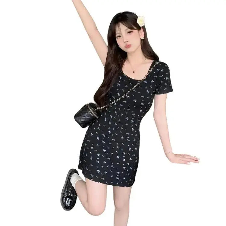 KOKO - Dress Pendek Casual Motif Bunga Midi Hitam Mini Rayon Variasi Wanita Panjang Santai Pantai Vintage