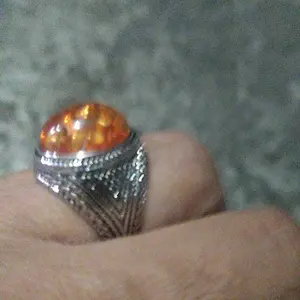 Cincin Pria Oranye Artificial Amber Stone Vintage Perak Hitam Terukir Punk Hip Hop Cincin Aksesoris Fashion Hadiah Asli Ring