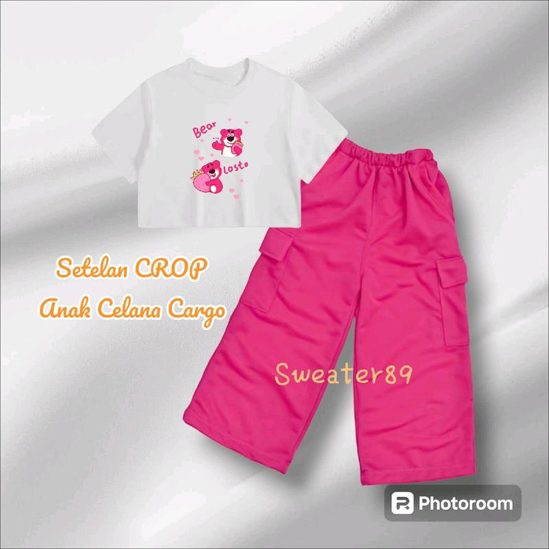 Setelan Anak Umur 5-12 Tahun Kaos CROP Dan Celana Cargo BEAR LOTSO Baju Perempuan Fashion 1