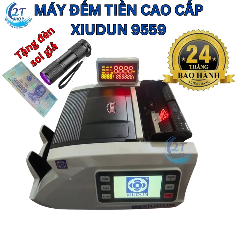 Máy đếm tiền Xiudun 9599. Hiển thị tổng tờ, tổng mệnh giá, tổng số tờ & tổng thành tiền cùng một lúc, bảo hành 24 tháng 1