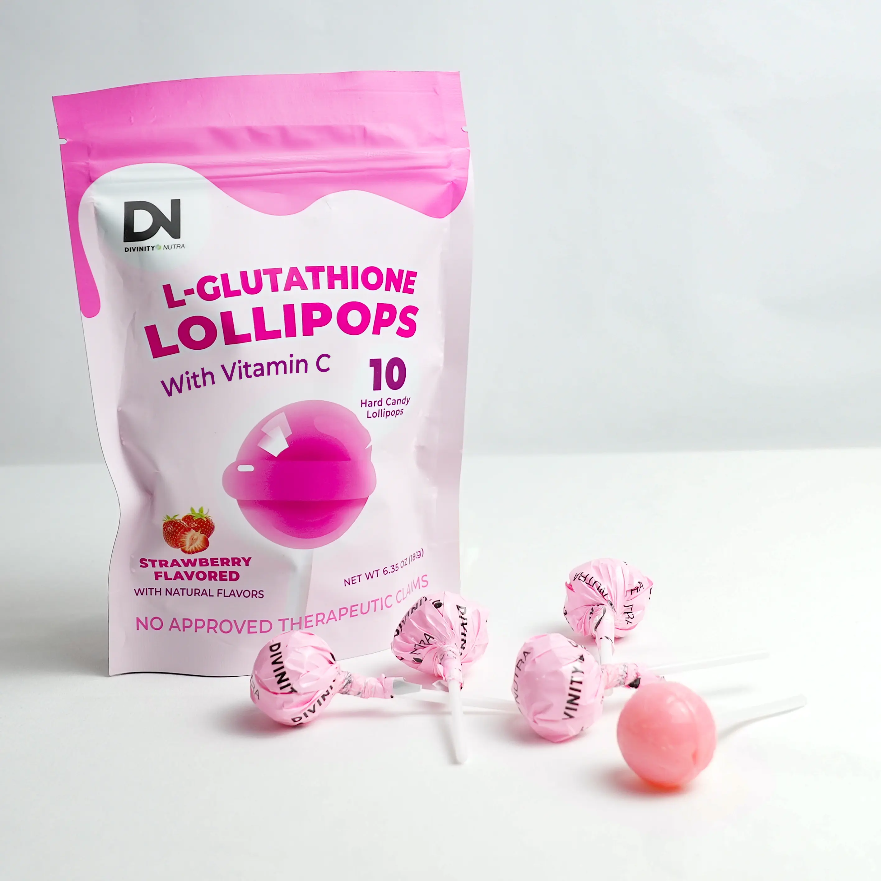 Divinity Nutra L-Glutathione Lollipops with Vitamin C ,500mg Hydrolyzed  Collagen Peptides - Dietary Supplement Lollipops for women，Strawberry  Flavor Hard Candy