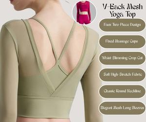 Faux Two-Piece Long Sleeve Yoga Top – Sexy Mesh Panel, V-Back Design, and Fixed Bra Cups [YA62]