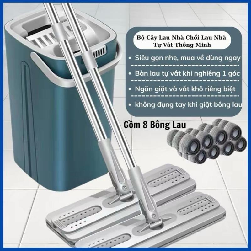 Bộ Cây Lau Nhà ( 1 thùng + 2 cây lau + 8 miếng lau) Tự Vắt Xoay 360 độ kèm bông lau, thùng lau sàn Làm Sạch Inox thùng n