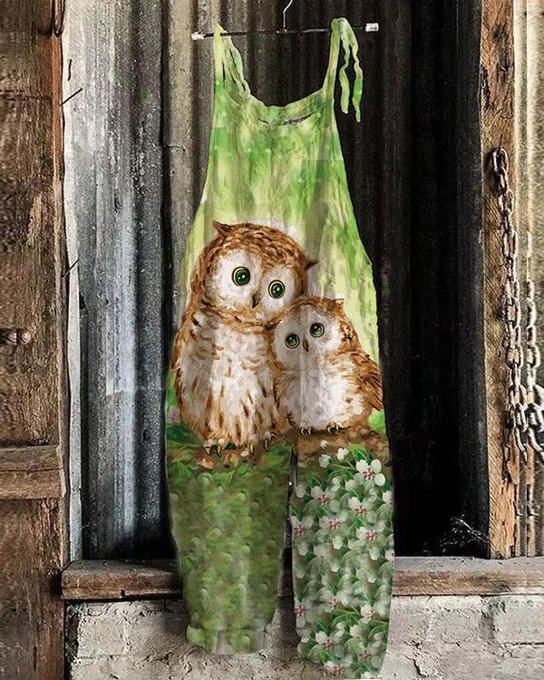 Product Introduction of 2024 new fashion trend women's summer new bohemian fashion loose and comfortable casual jumpsuit retro 3D digital owl animal print loose jumpsuit shoulder pants women's plus size S-5XL 5