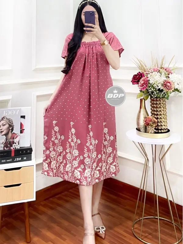 Daster Motif Akar Bunga 3/4 Chibi Elsa - Kain Santung Rayon Tebal - Busui Friendly Karet Wanita Bumil Ibu 2