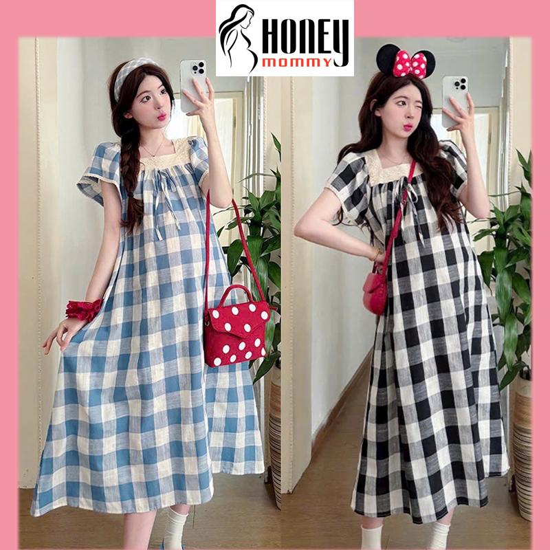 Đầm Bầu Váy Bầu Mùa Hè Cổ Vuông Phối Ren Vải Thô Họa Tiết Caro Xinh Xắn Dễ Thương Dáng Xuông HD3163 Honey Mommy