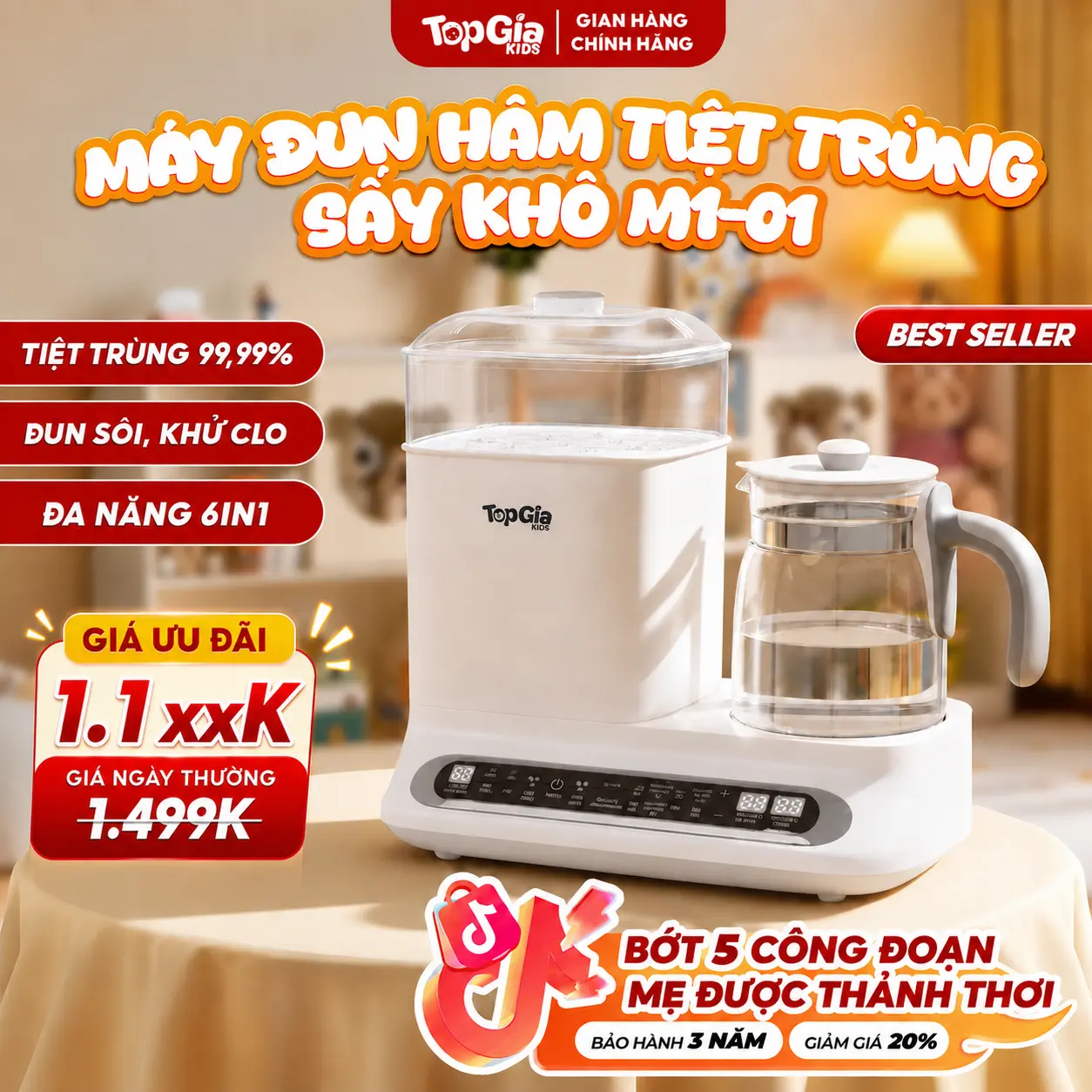 (LIVE 21.8 - SẠCH KHUẨN - TIỆN LỢI) Máy Tiệt Trùng Đun Hâm Pha Sữa Sấy Khô M1-01 Cao Cấp TOPGIAKIDS, Đun Sôi Khử Clo, Đúng Nhiệt Độ Cài Đặt, 14 Chức Năng Cho Bé (TẶNG GIỎ HÂM, KẸP GẮP), Bảo Hành 3 Năm, Lỗi 1 Đổi 1 30 Ngày (665)