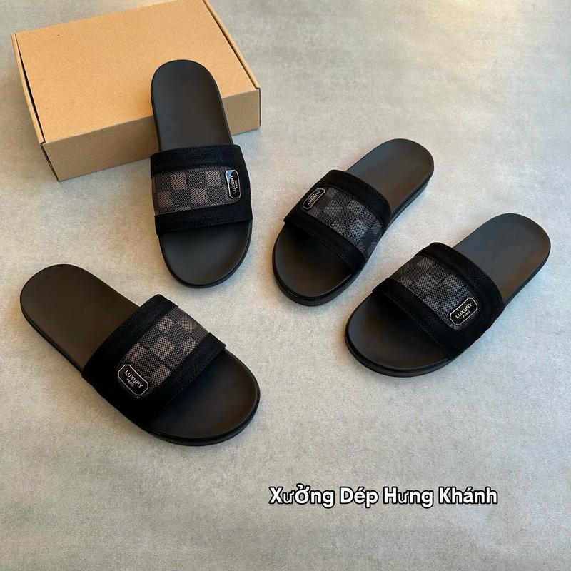    Khâu Dấu Chỉ   Dép lê Nam Quai Ngang Mác LUXURY Vá Kẻ Ô Thời Trang sz 37-43 - Đế Cao Su Cao Cấp Trống Trơn Trượt -Dép Thời Trang   Nhung Đồng Quai Hậu Quai Ngang Đế Bằng   