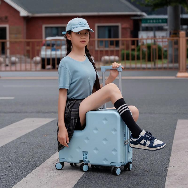 Vali trẻ em dày dặn có bánh xe, thiết kế có thể ngồi lên, bánh xe đa hướng, vali du lịch 20 inch có khóa số, vali du lịch thần kỳ cho bé.