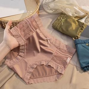 Panty For Women Ice Silk Seamless Pure Cotton Crotch Sexy Lace Jacquard Hip Covering Mid Waist Panty