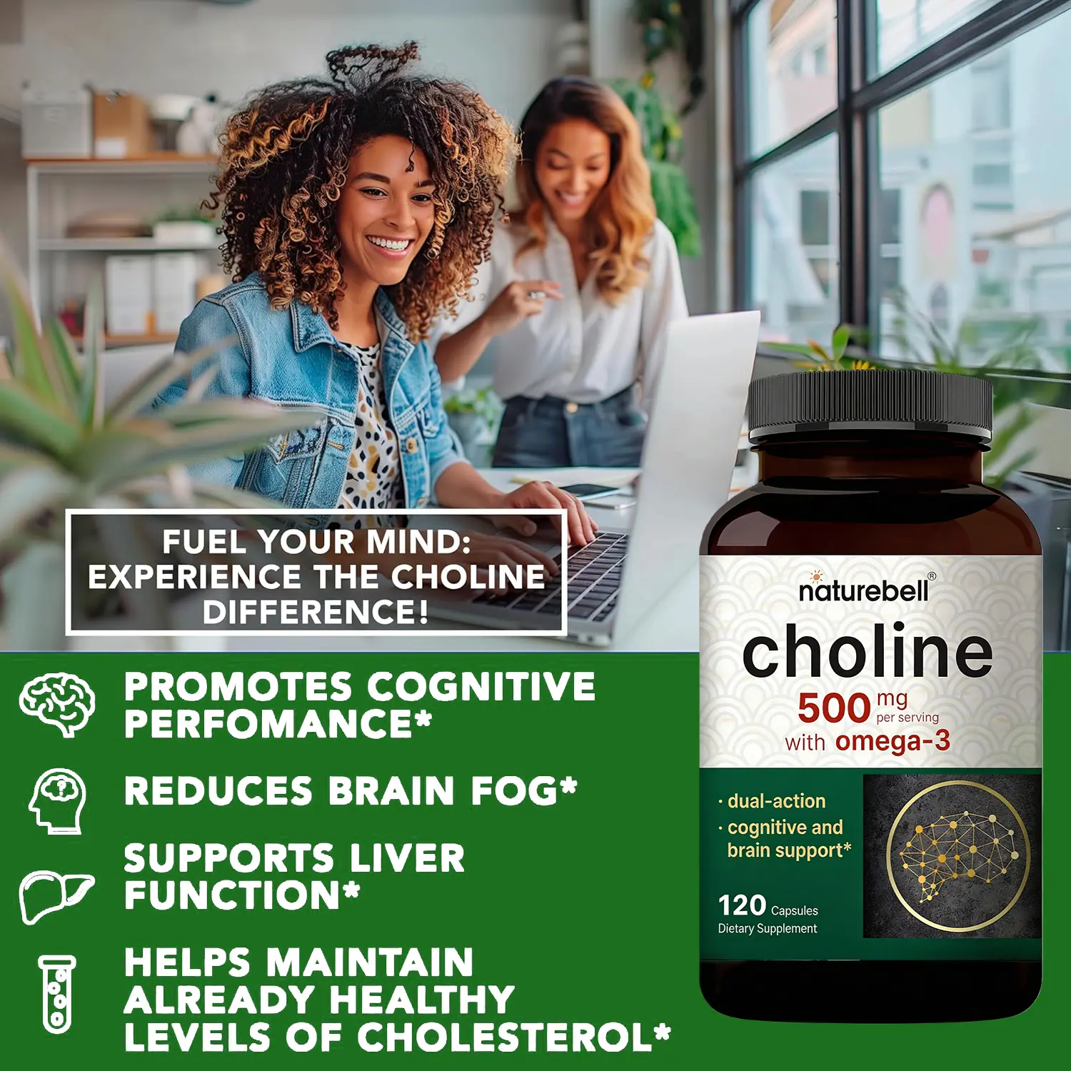 Choline 500 mg with Omega-3 fatty acids, 120 tablets, super-strength 2-in-1  choline tartrate formula, non-GMO. - TikTok Shop Philippines